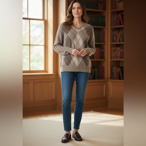 Galila Italian Lambswool & Angora Mocha Argyle Sweater Preppy Old Money Academia